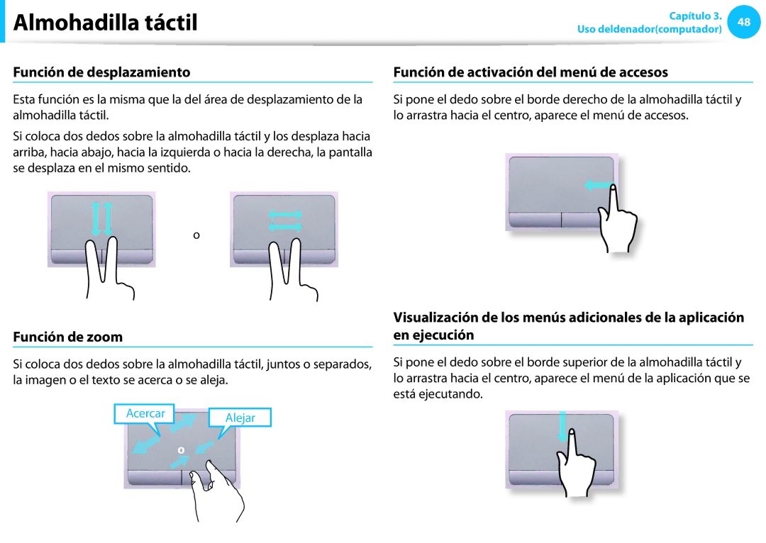 Samsung NP300E7A-A01ES manual Función de desplazamiento, Función de activación del menú de accesos, Función de zoom 