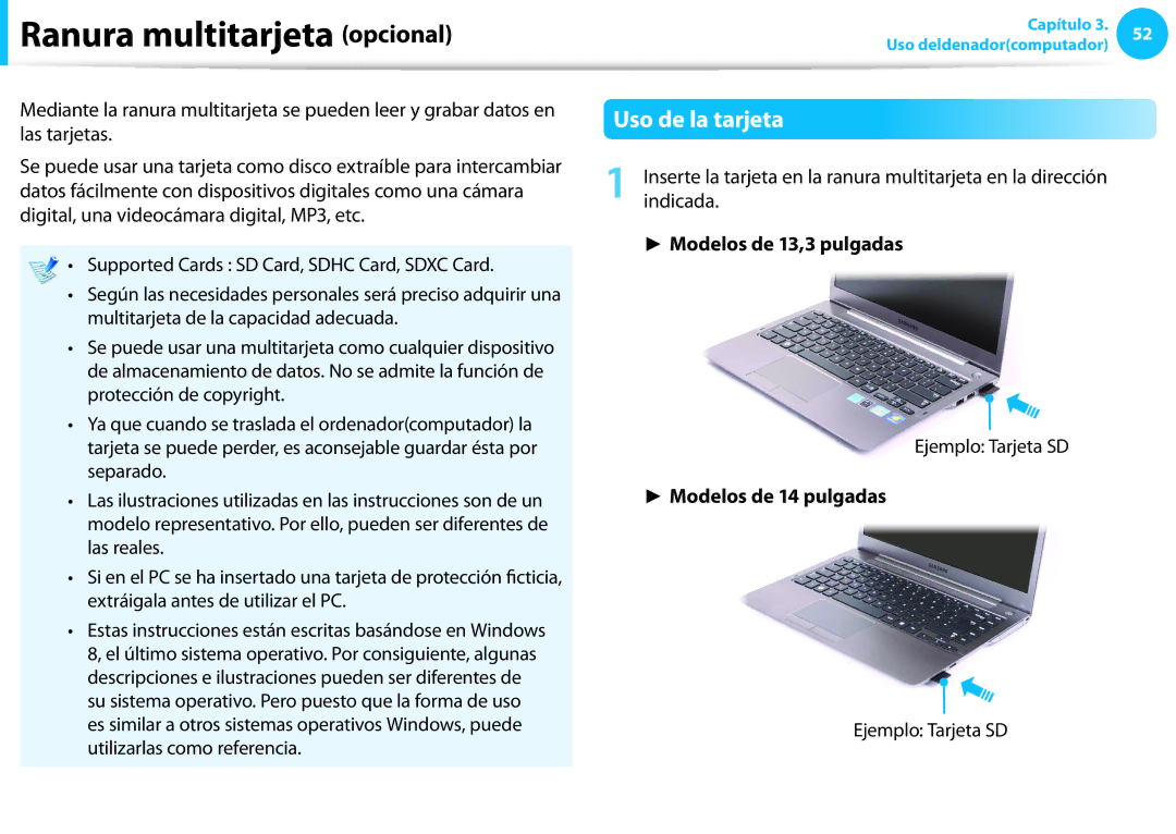 Samsung NP300E5A-S08ES manual Ranura multitarjeta opcional, Uso de la tarjeta, Modelos de 13,3 pulgadas, Ejemplo Tarjeta SD 