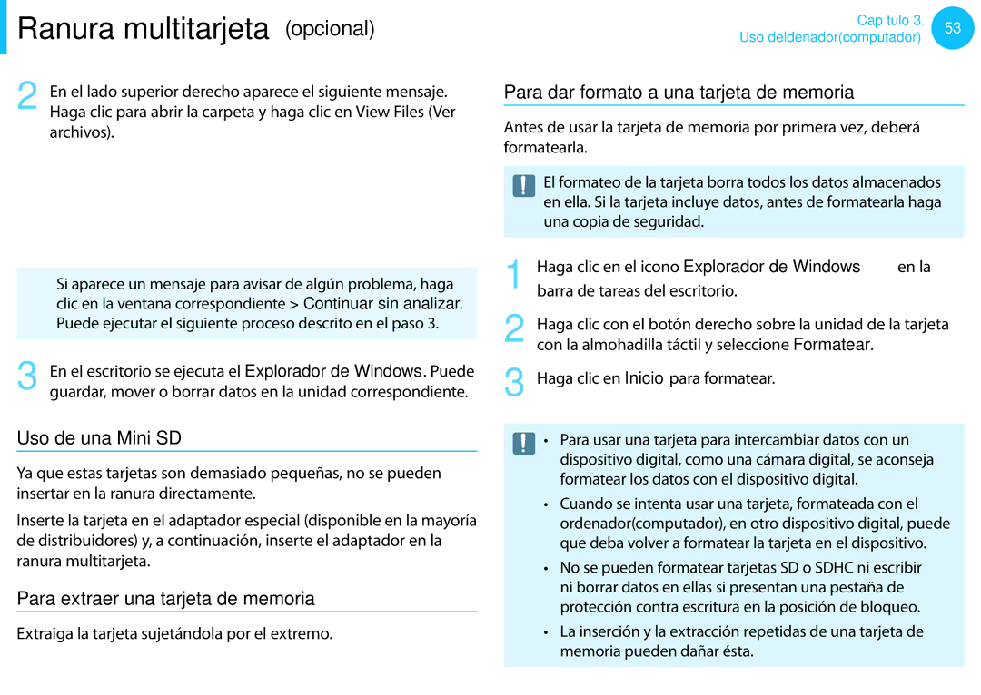 Samsung NP300E5A-S02ES Uso de una Mini SD, Para extraer una tarjeta de memoria, Para dar formato a una tarjeta de memoria 