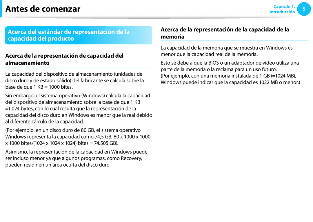 Samsung NP270E5E-X03ES, XE300TZC-K01PT, NP905S3G-K02PT manual Acerca de la representación de capacidad del almacenamiento 