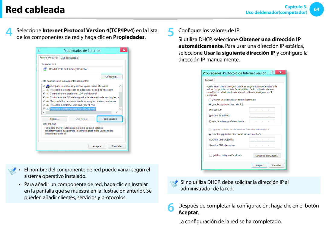 Samsung NP550P5C-S03ES, XE300TZC-K01PT Configure los valores de IP, Aceptar, La configuración de la red se ha completado 