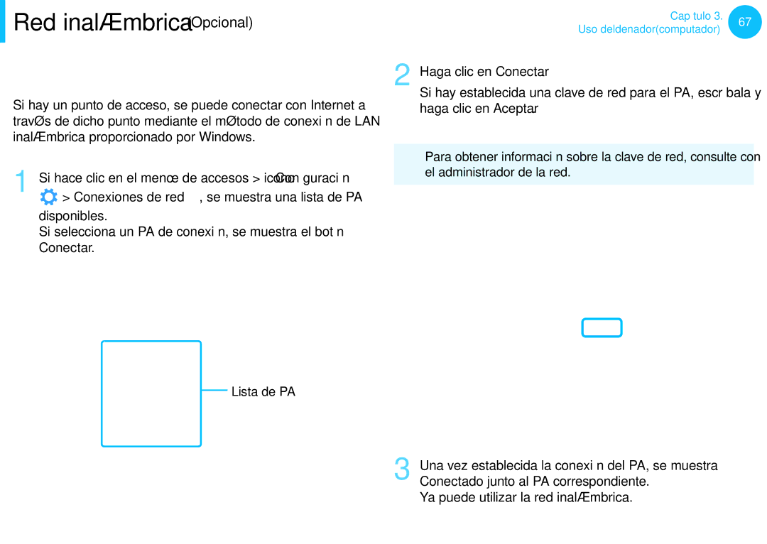 Samsung NP300E7A-S01ES, XE300TZC-K01PT manual Conexión a una LAN inalámbrica, Conexiones de red , se muestra una lista de PA 