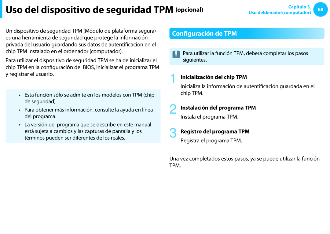 Samsung NP300E5C-S0BES Uso del dispositivo de seguridad TPM opcional, Configuración de TPM, Inicialización del chip TPM 