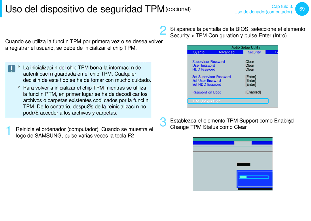 Samsung NP300E5C-A03ES, XE300TZC-K01PT, NP905S3G-K02PT manual Inicialización del chip TPM, Change TPM Status como Clear 