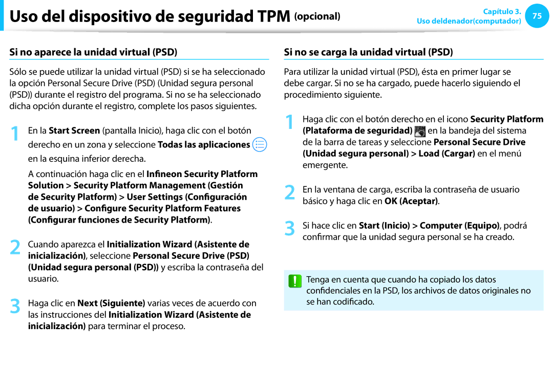 Samsung XE500T1C-H01ES Plataforma de seguridad en la bandeja del sistema, Unidad segura personal Load Cargar en el menú 