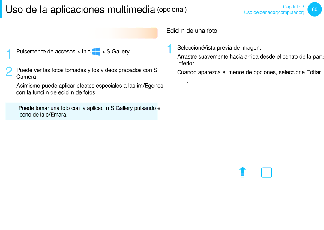 Samsung NP300E7A-S02ES manual Uso de la aplicaciones multimedia, Uso de la aplicación S Gallery, Edición de una foto 