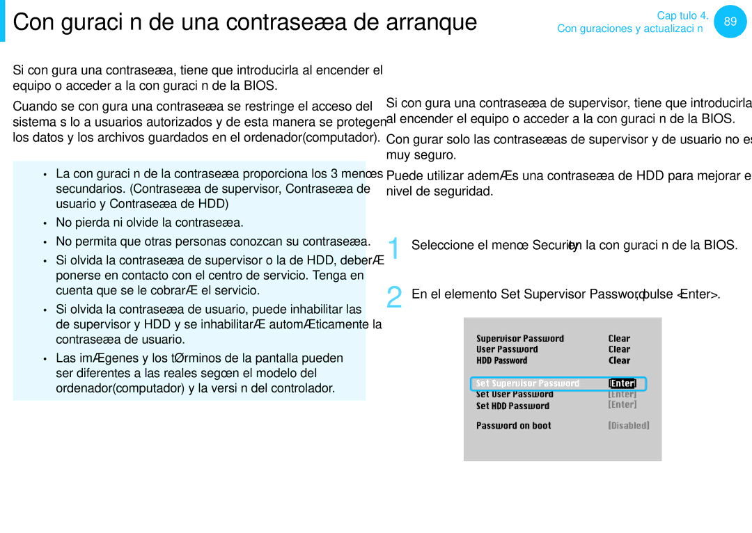 Samsung NP550P5C-S05ES manual Configuración de una contraseña de arranque, Configuración de una contraseña de supervisor 