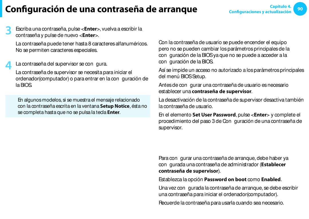 Samsung NP450R5E-X05ES, XE300TZC-K01PT Configuración de una contraseña de arranque, No se permiten caracteres especiales 