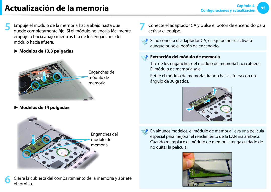 Samsung NP300E5A-A05ES, XE300TZC-K01PT, NP905S3G-K02PT manual Modelos de 13,3 pulgadas Extracción del módulo de memoria 