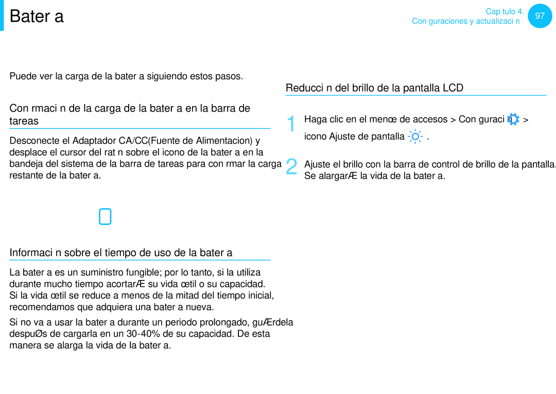 Samsung NP300E5A-A02PT manual Medición de la carga restante de la batería, Ampliación del tiempo de uso de la batería 