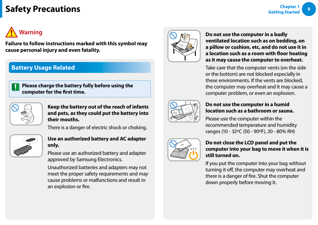 Samsung XE300TZCK01US user manual Battery Usage Related, There is a danger of electric shock or choking 