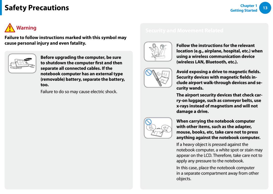 Samsung XE300TZCK01US user manual Security and Movement Related, Failure to do so may cause electric shock 