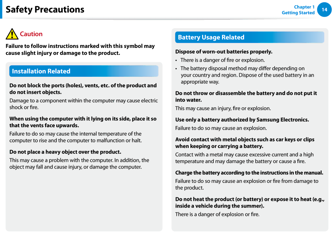 Samsung XE300TZCK01US user manual Do not place a heavy object over the product, Dispose of worn-out batteries properly 