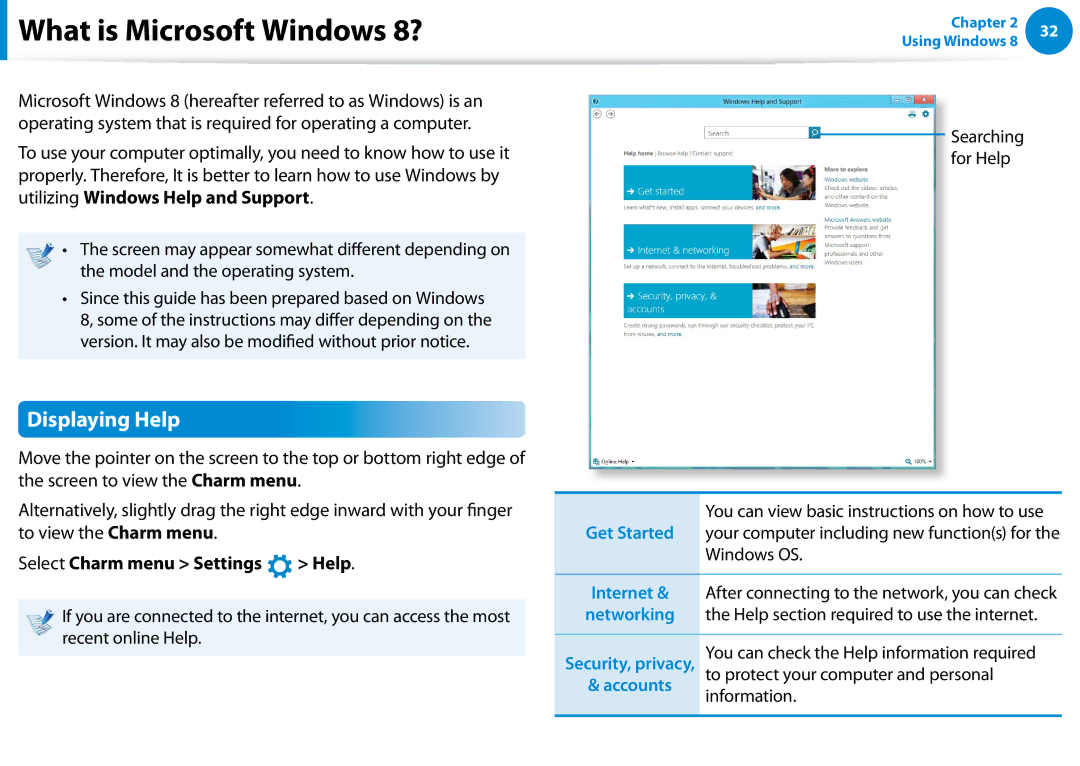 Samsung XE300TZCK01US What is Microsoft Windows 8?, Displaying Help, Select Charm menu Settings Help, Information 