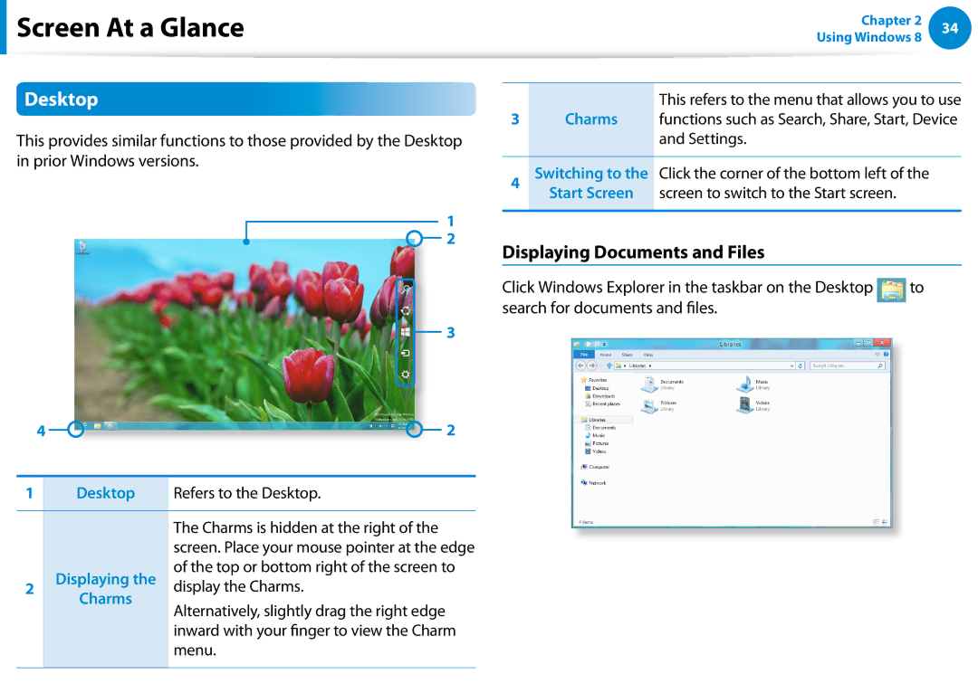 Samsung XE300TZCK01US Desktop, Displaying Documents and Files, Top or bottom right of the screen to, Display the Charms 