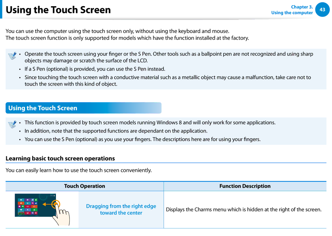 Samsung XE300TZCK01US Using the Touch Screen, Learning basic touch screen operations, Touch Operation Function Description 