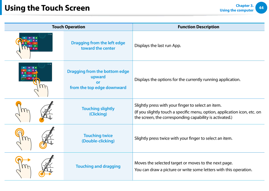 Samsung XE300TZCK01US Displays the last run App, Slightly press with your finger to select an item, Touching and dragging 