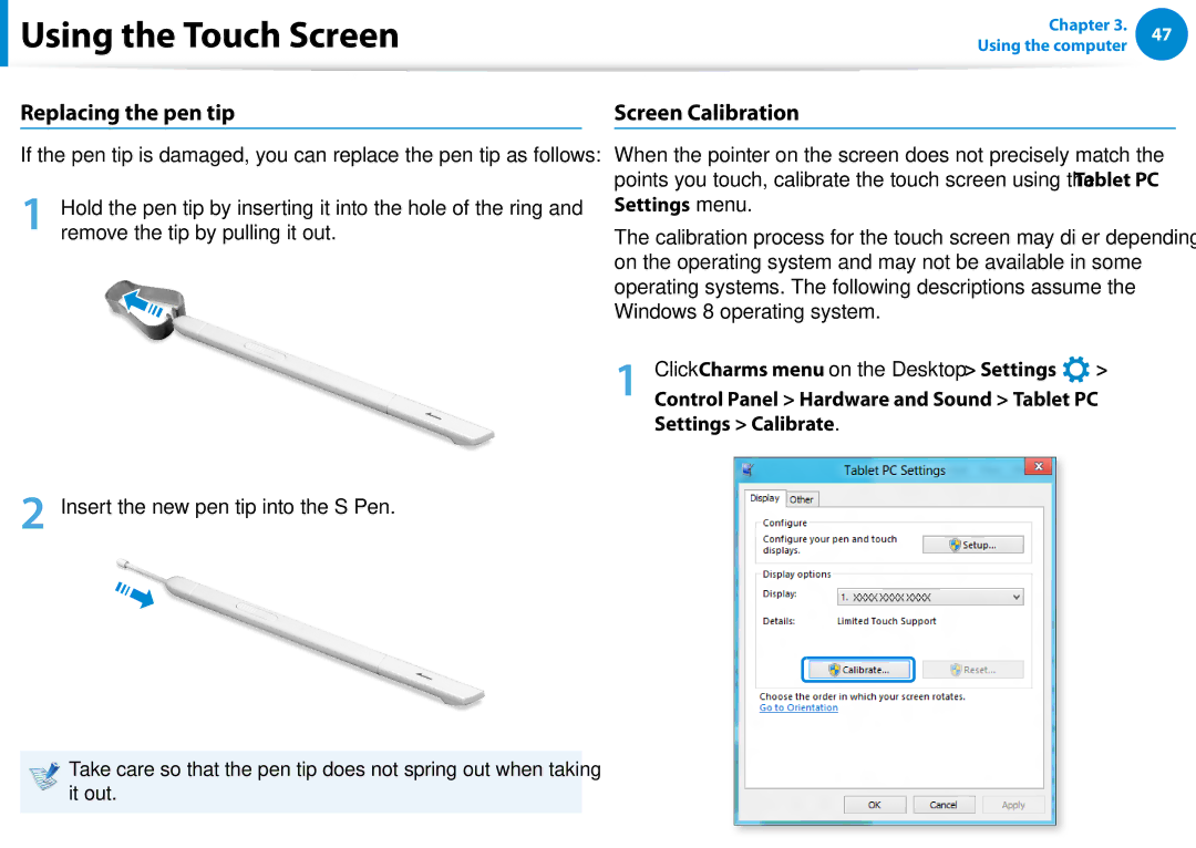 Samsung XE300TZCK01US user manual Replacing the pen tip, Screen Calibration, Settings Calibrate 