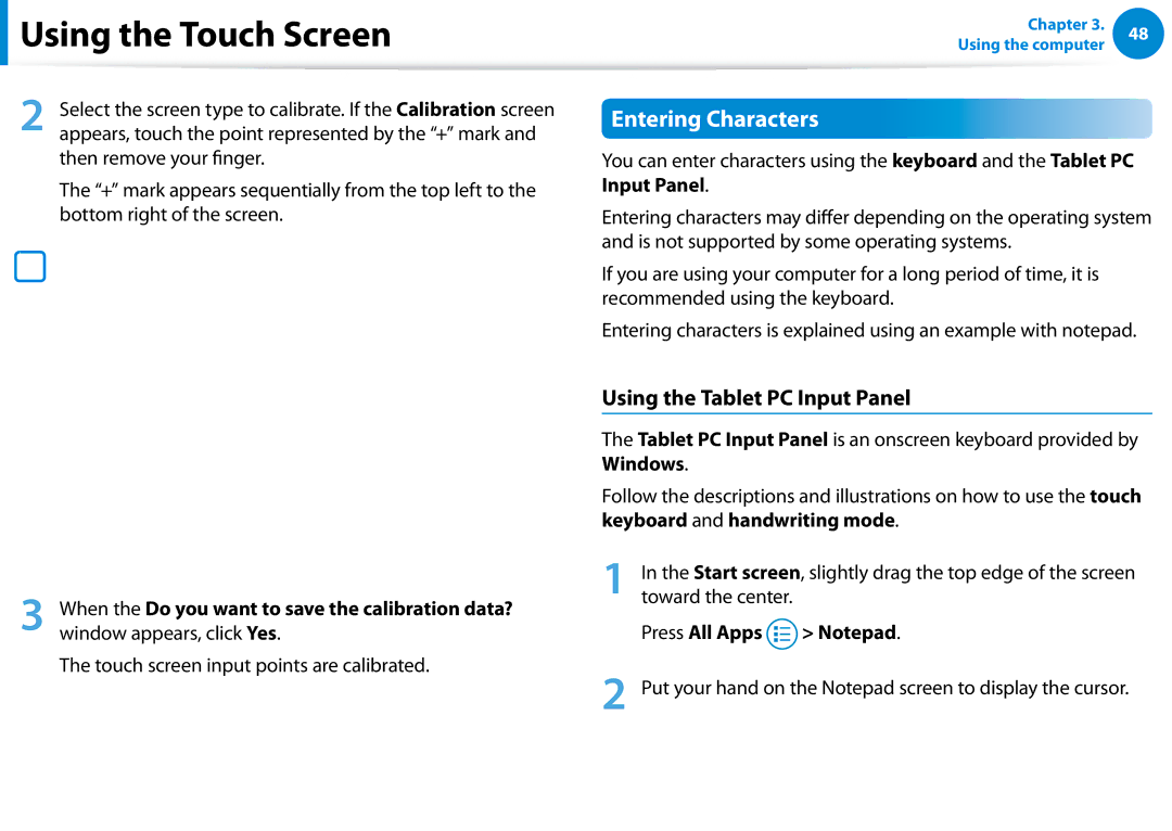 Samsung XE300TZCK01US user manual Entering Characters, Using the Tablet PC Input Panel, Press All Apps 