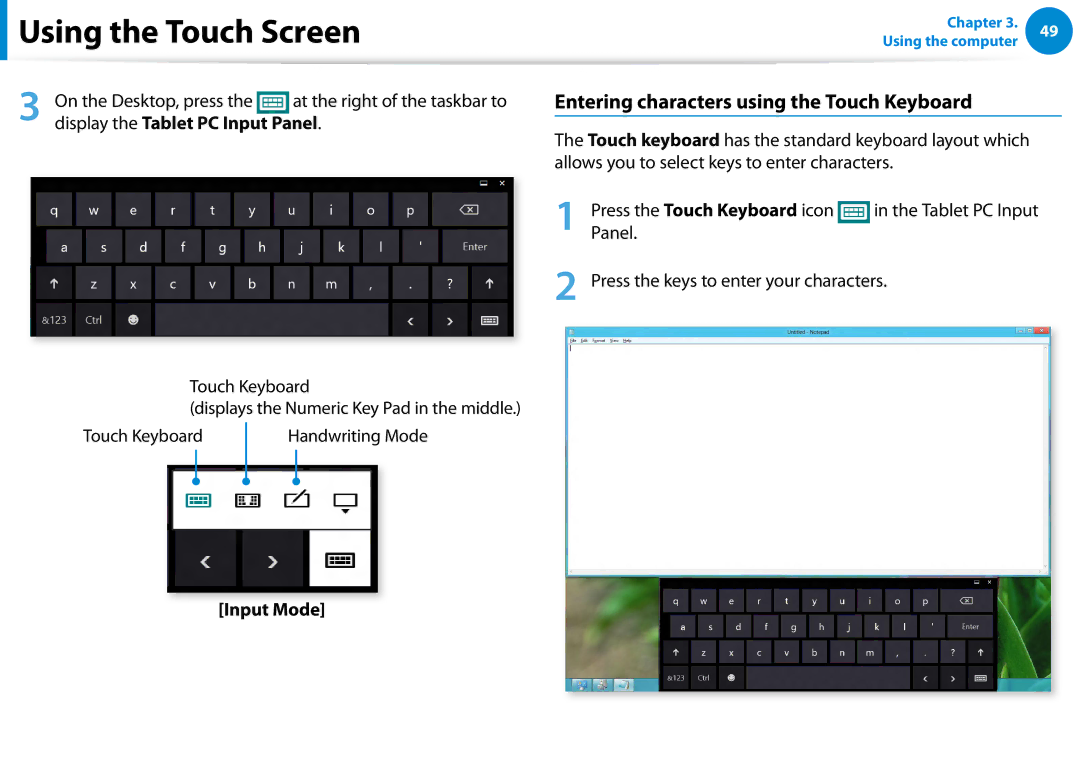 Samsung XE300TZCK01US Entering characters using the Touch Keyboard, Display the Tablet PC Input Panel, Input Mode 