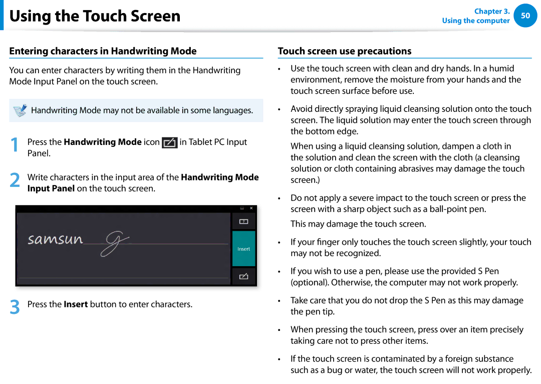 Samsung XE300TZCK01US Entering characters in Handwriting Mode, Touch screen use precautions, Tablet PC Input, Panel 