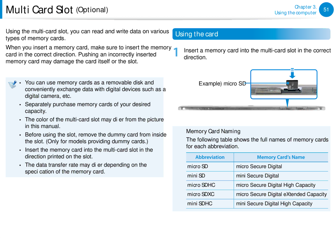 Samsung XE300TZCK01US user manual Multi Card Slot Optional, Using the card, Memory Card Naming 