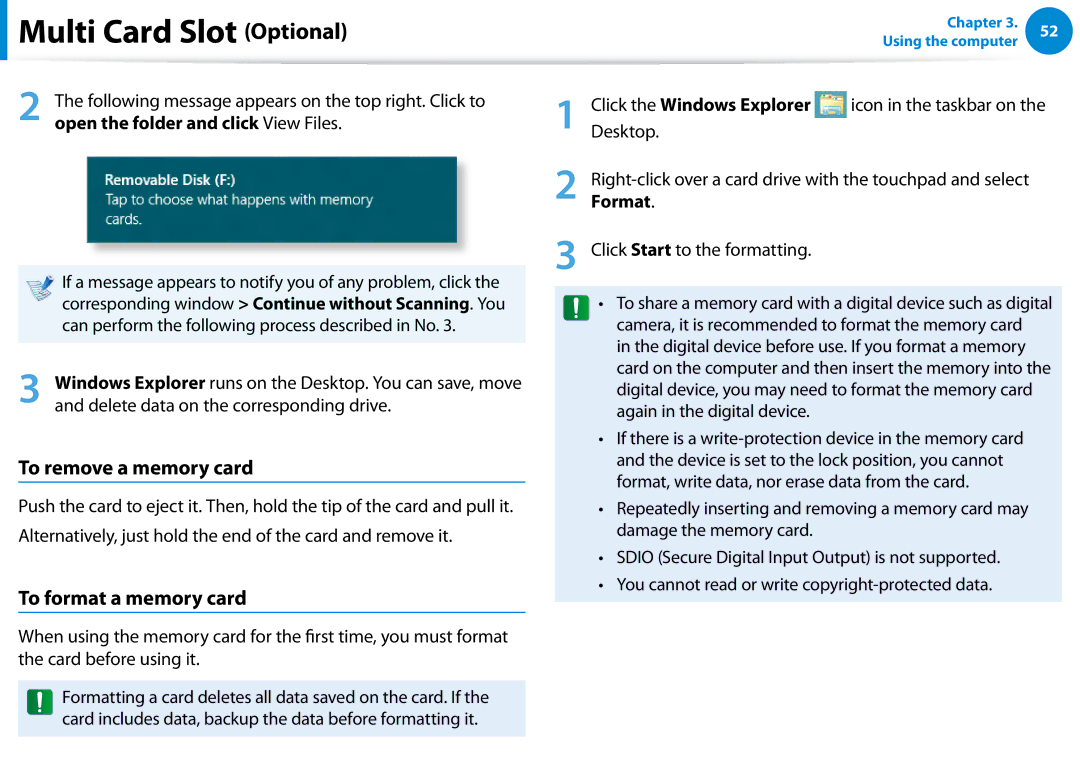 Samsung XE300TZCK01US user manual To remove a memory card, To format a memory card, Click the Windows Explorer, Format 