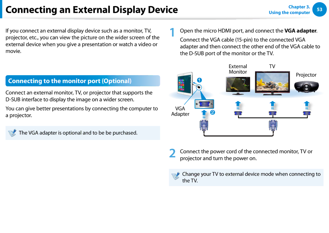 Samsung XE300TZCK01US user manual Connecting an External Display Device, Connecting to the monitor port Optional 