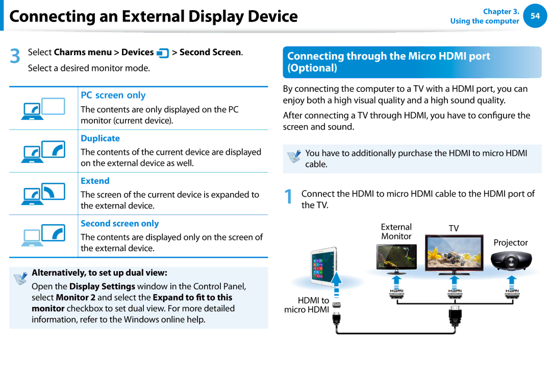 Samsung XE300TZCK01US user manual Connecting through the Micro Hdmi port Optional, Duplicate, Extend, Second screen only 