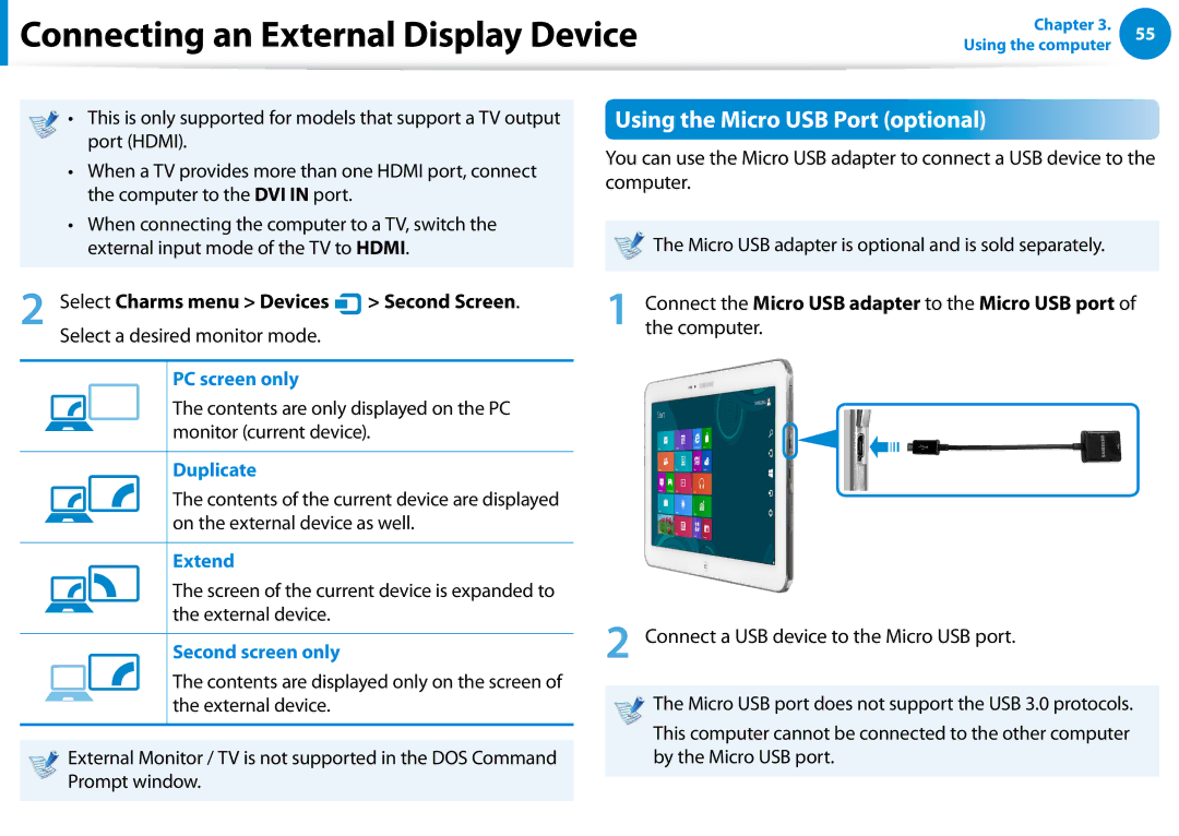 Samsung XE300TZCK01US Using the Micro USB Port optional, PC screen only, Connect a USB device to the Micro USB port 