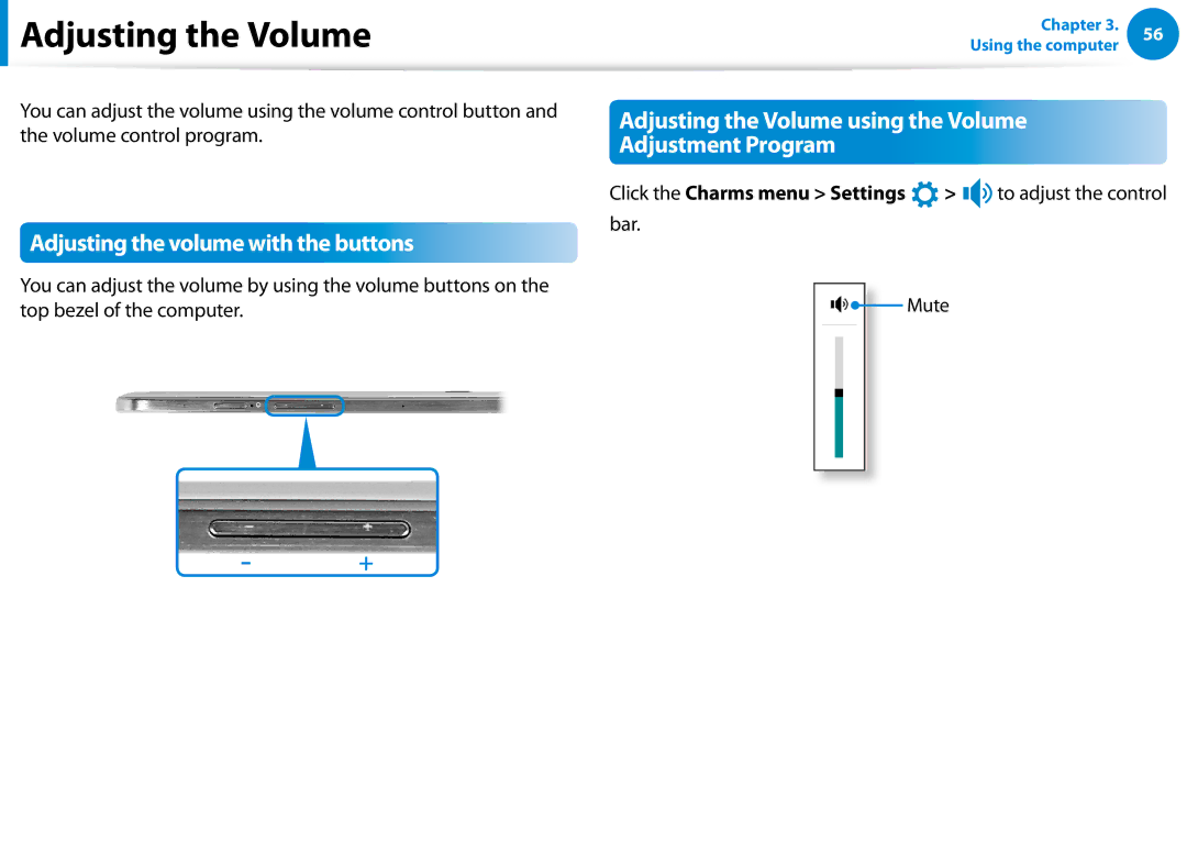 Samsung XE300TZCK01US user manual Adjusting the Volume, Adjusting the volume with the buttons, Mute 