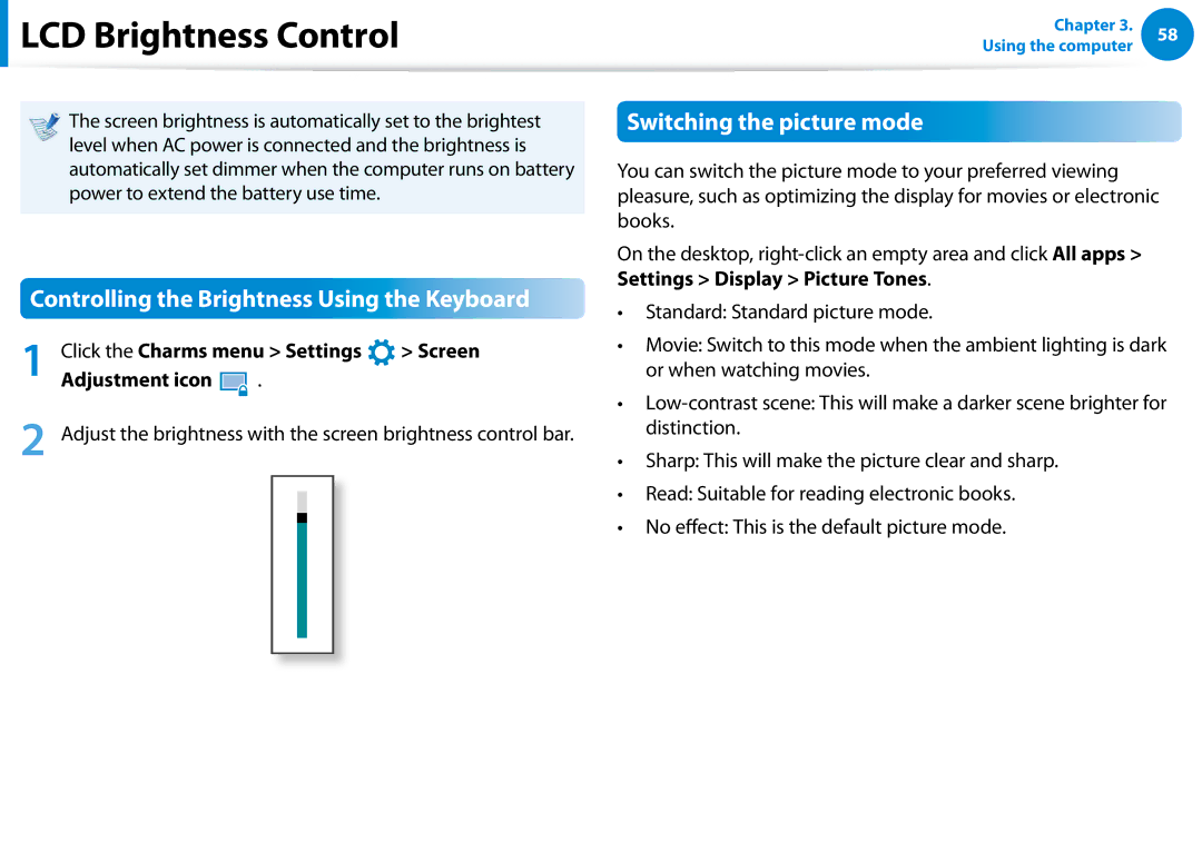 Samsung XE300TZCK01US LCD Brightness Control, Controlling the Brightness Using the Keyboard, Switching the picture mode 