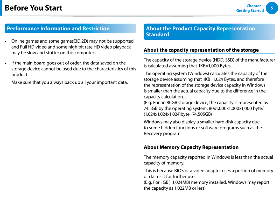 Samsung XE300TZCK01US Performance Information and Restriction, About the Product Capacity Representation Standard 