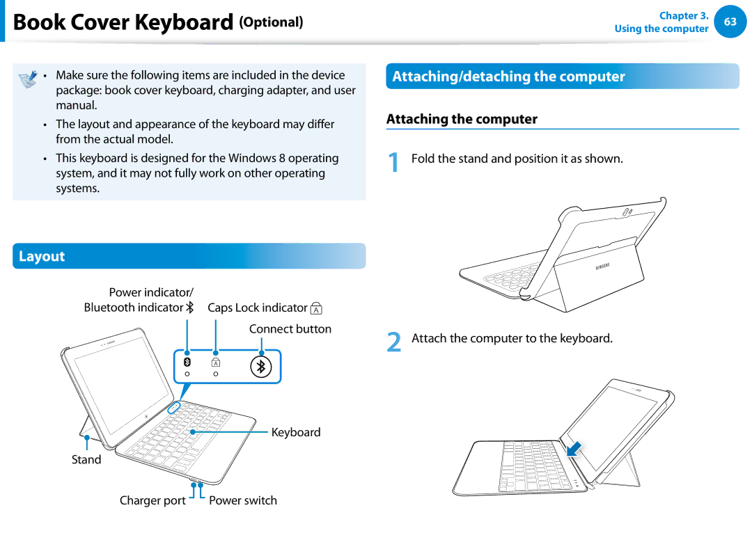 Samsung XE300TZCK01US Book Cover Keyboard Optional, Attaching/detaching the computer, Layout, Attaching the computer 