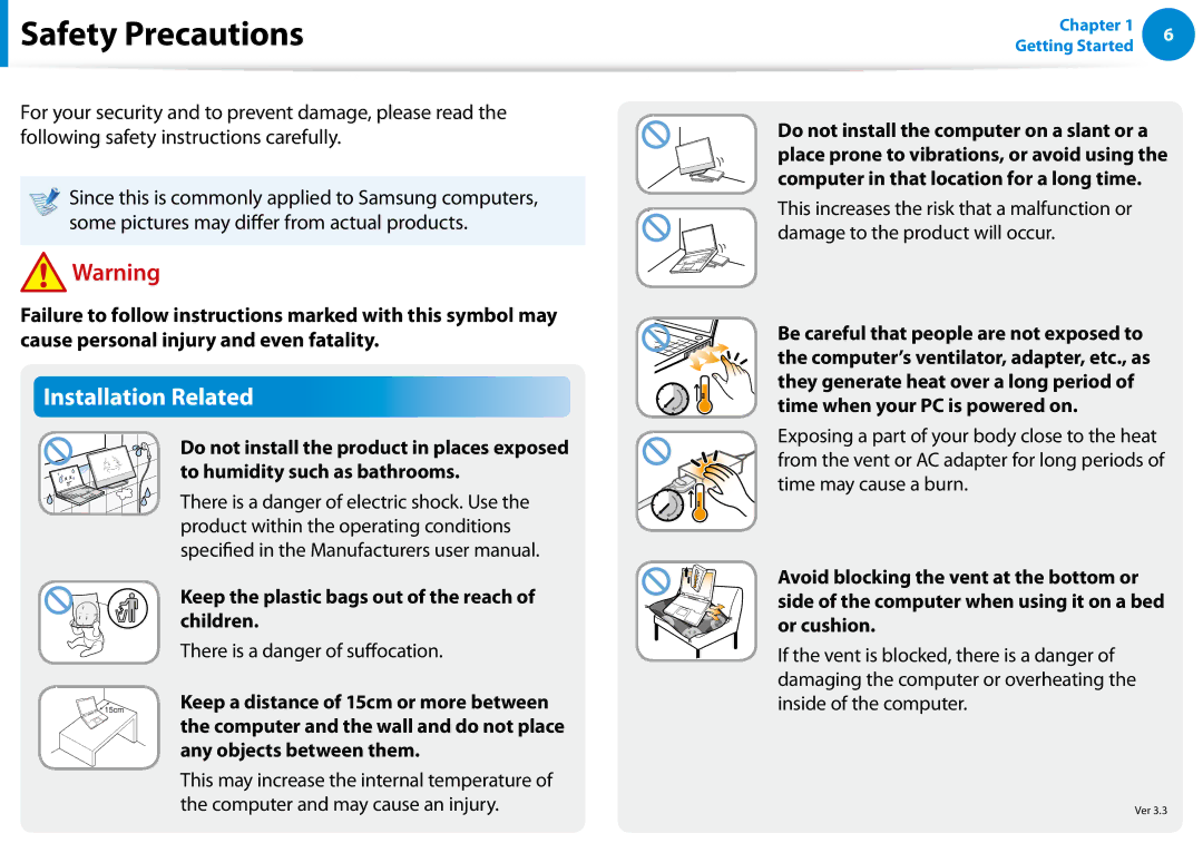 Samsung XE300TZCK01US Safety Precautions, Installation Related, Keep the plastic bags out of the reach of children 