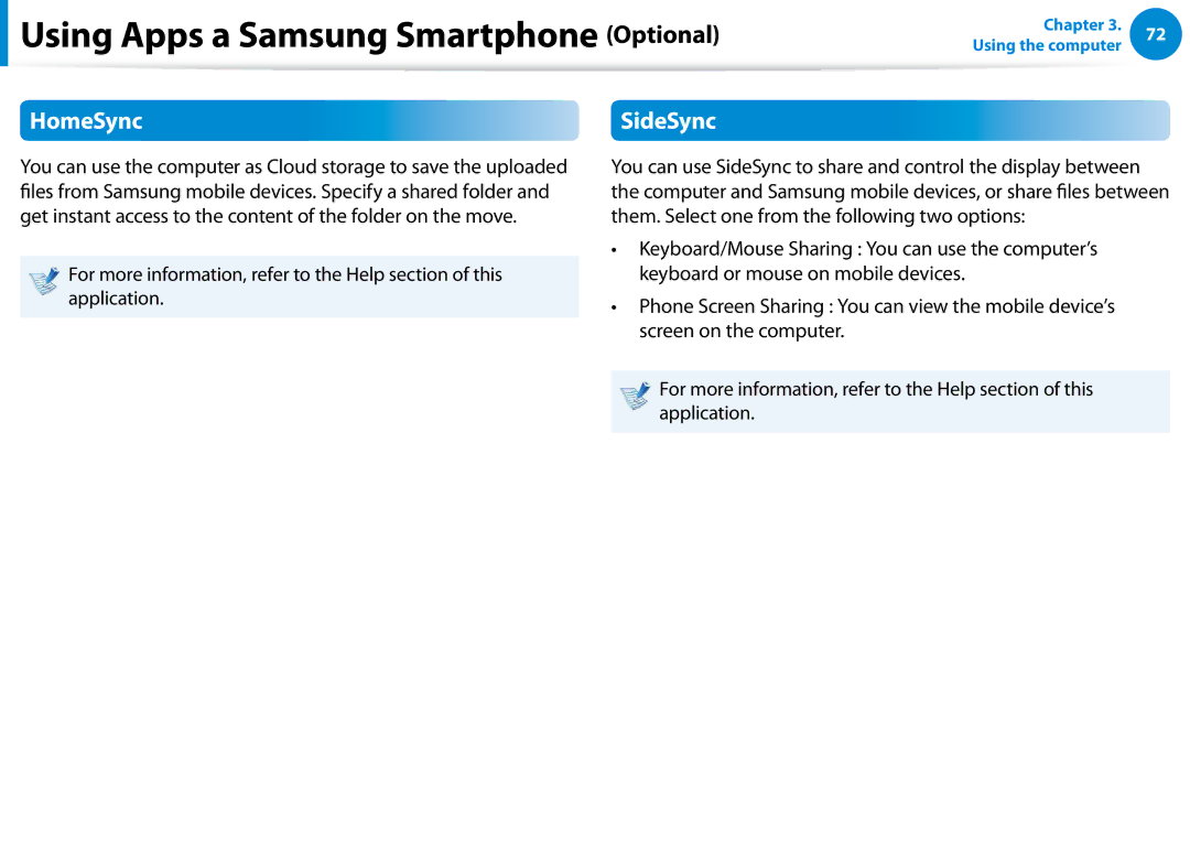 Samsung XE300TZCK01US user manual Using Apps a Samsung Smartphone Optional, HomeSync, SideSync 