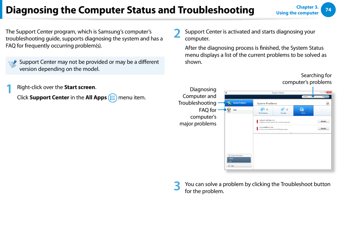 Samsung XE300TZCK01US user manual Diagnosing the Computer Status and Troubleshooting 