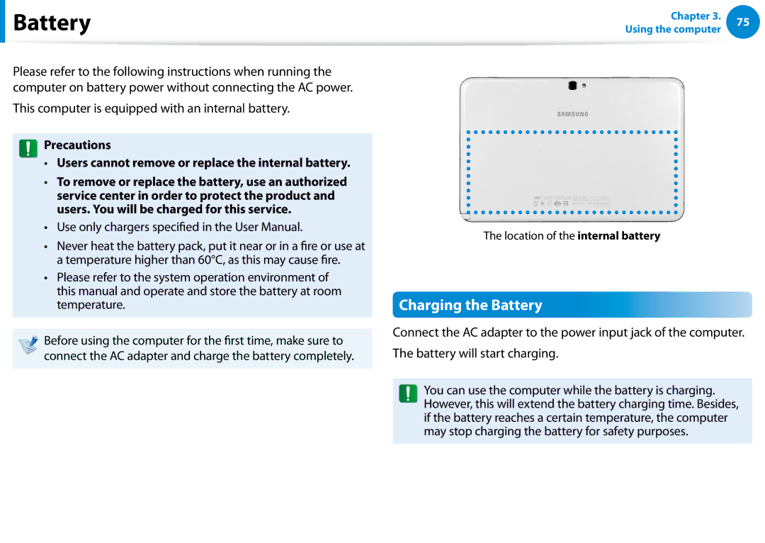 Samsung XE300TZCK01US user manual Charging the Battery, This computer is equipped with an internal battery 