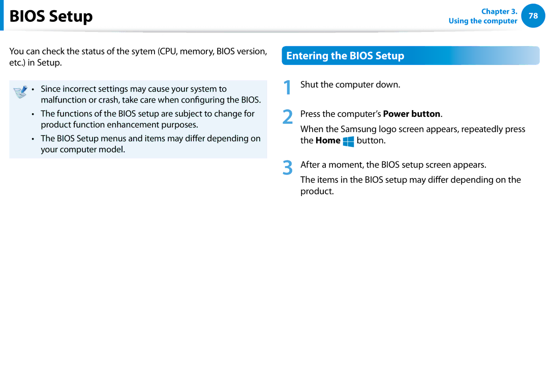 Samsung XE300TZCK01US user manual Entering the Bios Setup 