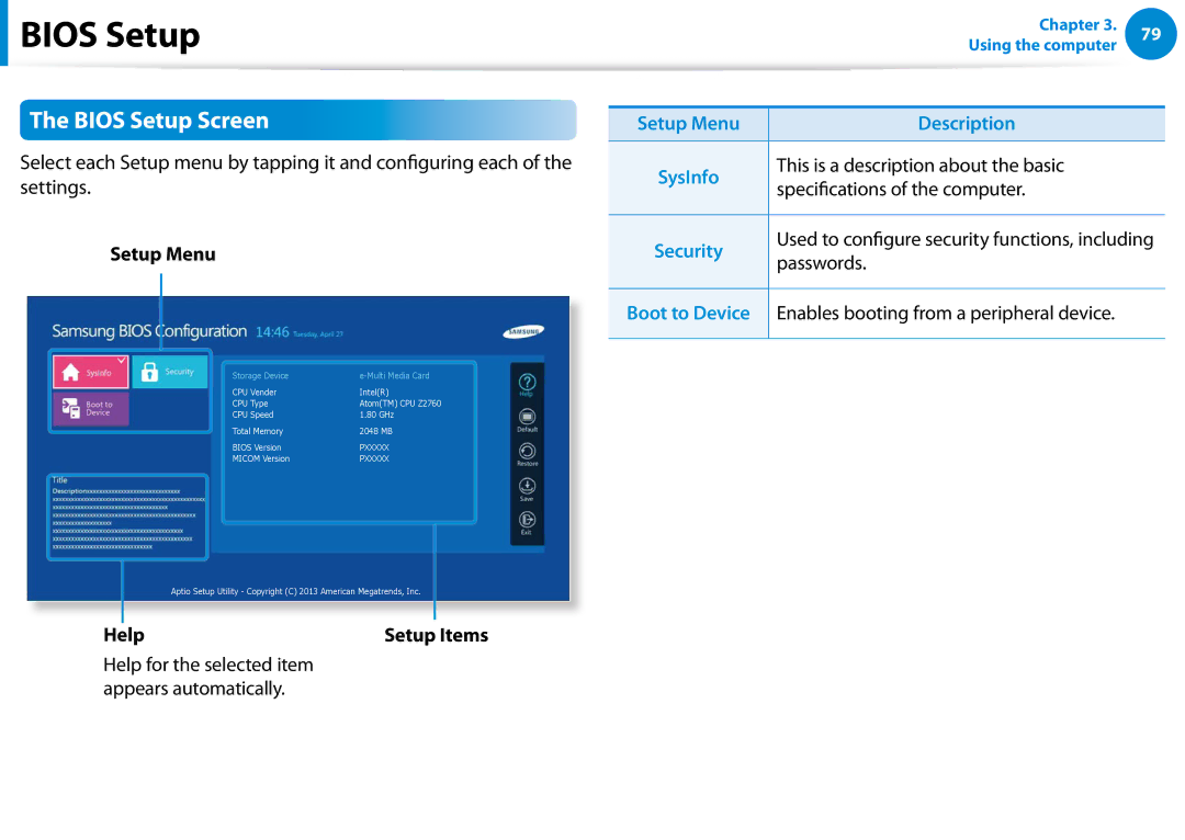 Samsung XE300TZCK01US user manual Bios Setup Screen, Setup Menu Description 