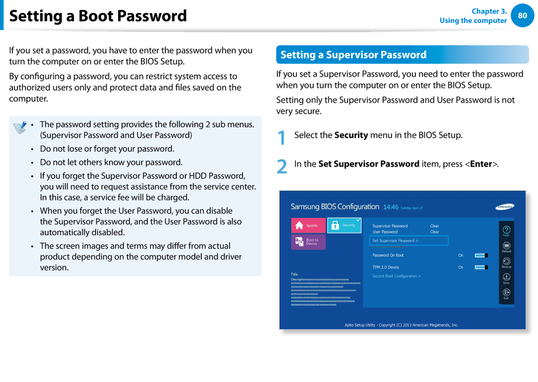 Samsung XE300TZCK01US user manual Setting a Boot Password, Setting a Supervisor Password 