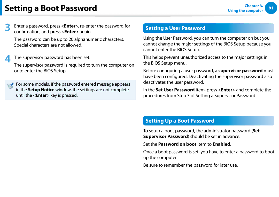 Samsung XE300TZCK01US Setting a User Password, Setting Up a Boot Password, Set the Password on boot item to Enabled 