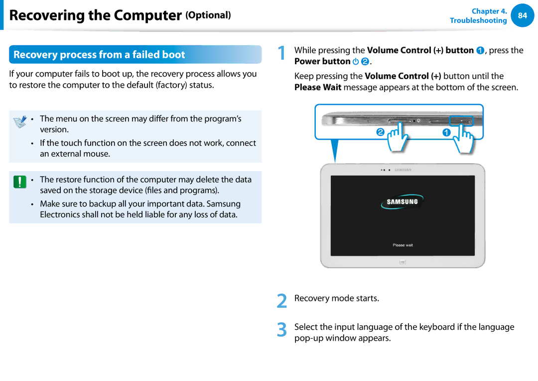 Samsung XE300TZCK01US user manual Recovery process from a failed boot, Power button 