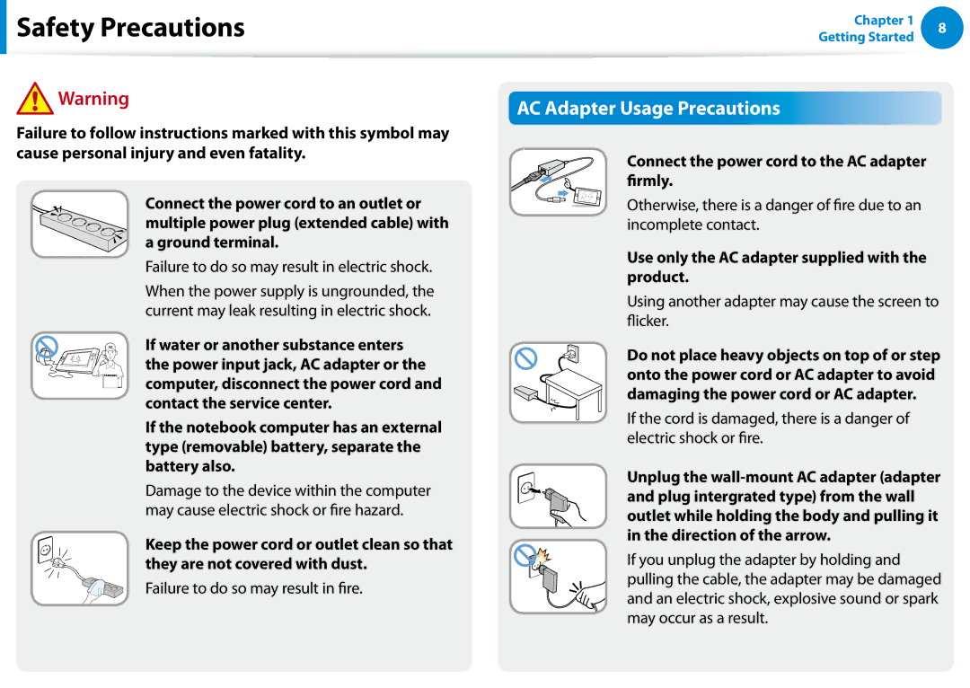 Samsung XE300TZCK01US user manual AC Adapter Usage Precautions, Connect the power cord to the AC adapter firmly 