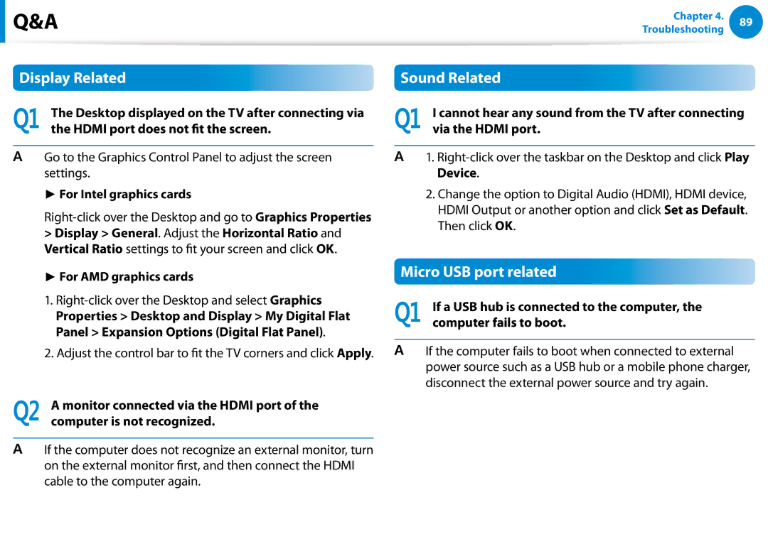 Samsung XE300TZCK01US user manual Display Related, Sound Related, Micro USB port related 