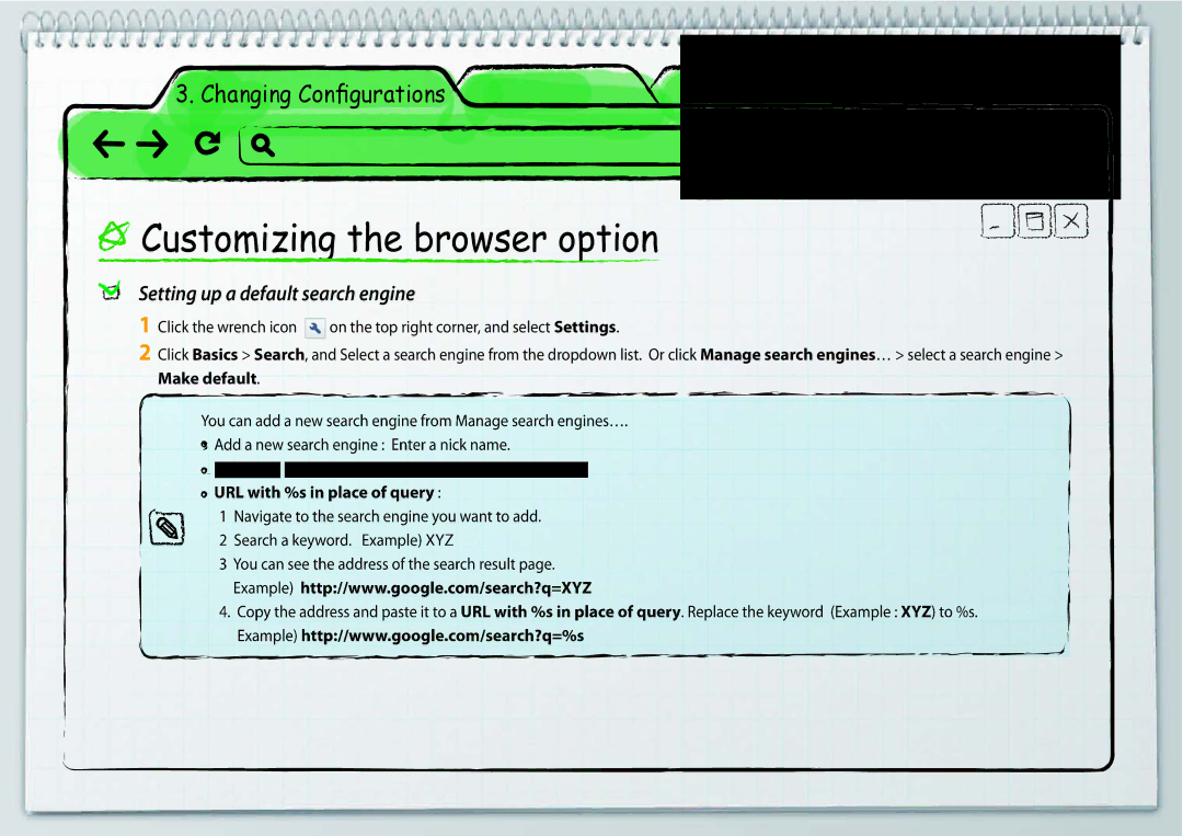 Samsung XE500C21-H01IT, XE500C21-H01DE Customizing the browser option, Setting up a default search engine, Make default 