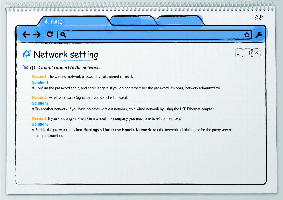 Samsung XE500C21-HZ2ES, XE500C21-H01DE, XE500C21-A03DE, XE500C21-HZ2DE Network setting, Q1 Cannot connect to the network 