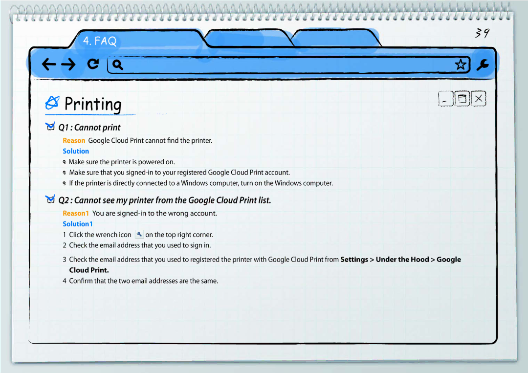 Samsung XE500C21-A01ES, XE500C21-H01DE manual Q1 Cannot print, Q2 Cannot see my printer from the Google Cloud Print list 