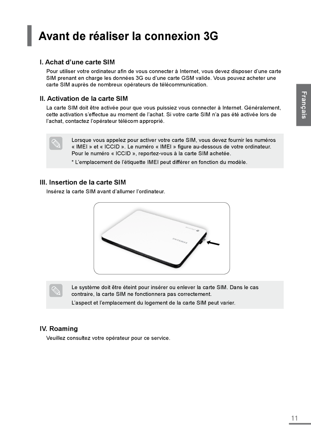 Samsung XE500C21-HZ2IT manual Avant de réaliser la connexion 3G, Achat d’une carte SIM, II. Activation de la carte SIM 