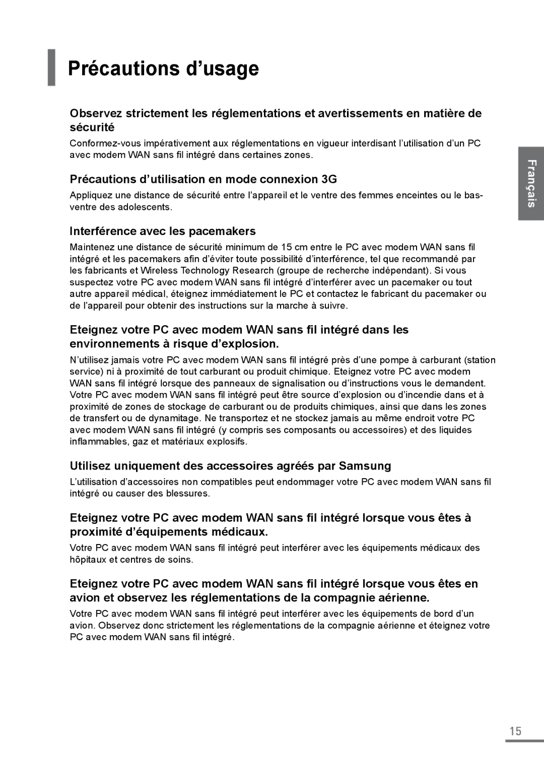 Samsung XE500C21-H02ES, XE500C21-H01DE, XE500C21-A03DE Précautions d’usage, Précautions d’utilisation en mode connexion 3G 